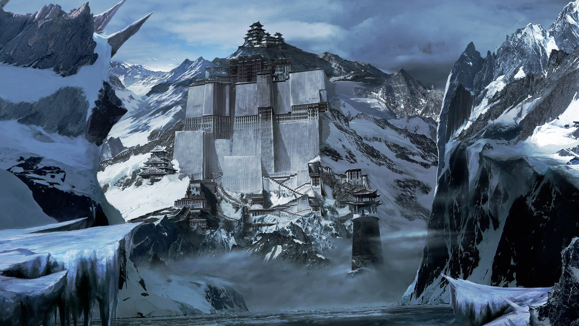 base dans la roche structure métallique hiver montagnes neige fantaisie