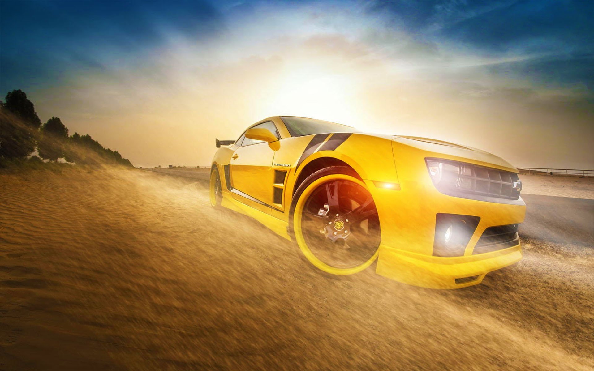 chevrolet camaro ss jaune bourdon transformateurs soleil voiture avant