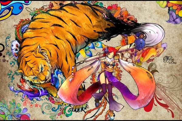 Dessin d une fille et un tigre énorme