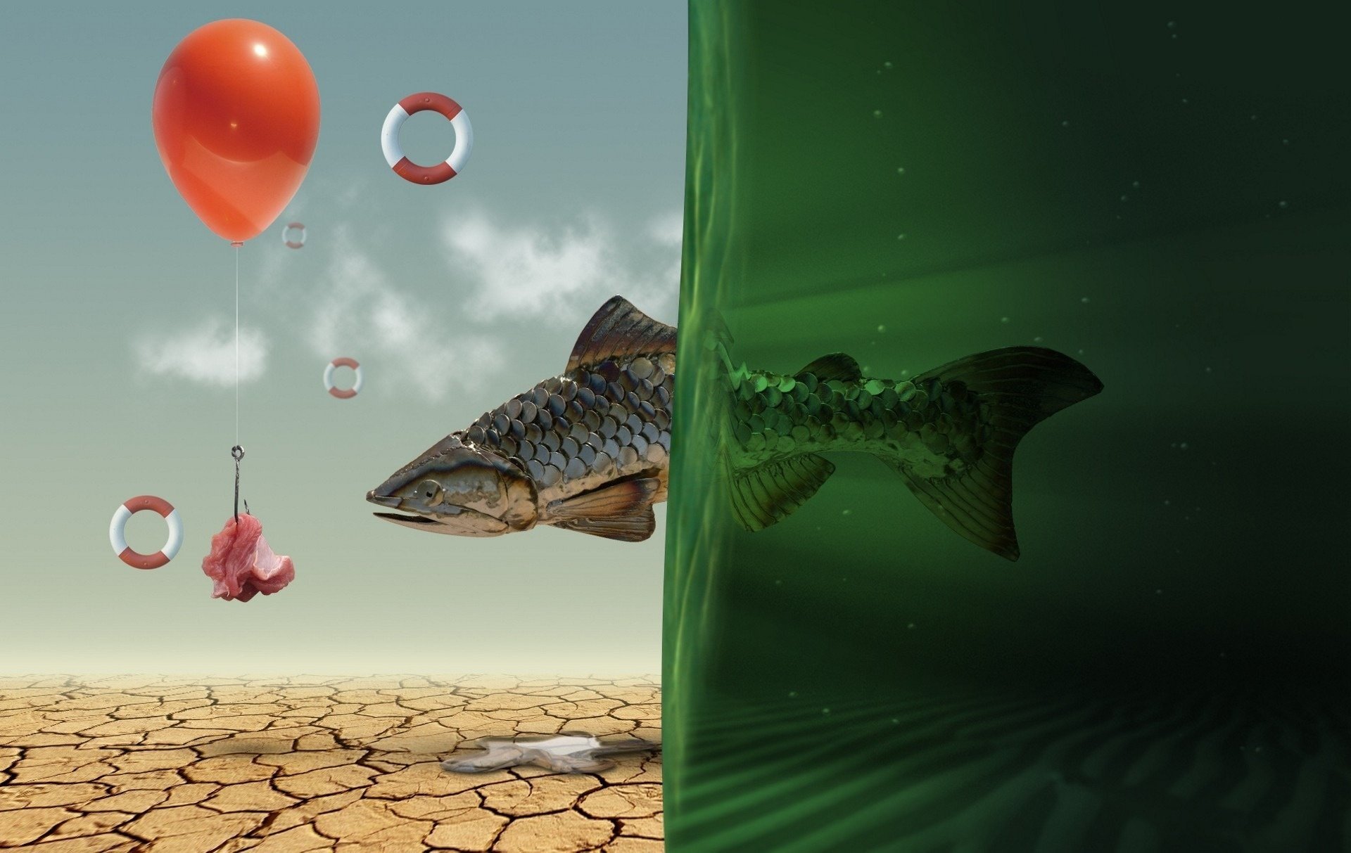 poisson appât bouée de sauvetage de boule de viande de poisson art eau sécheresse crochet air ballon créatif flaque d eau hd viande fantaisie 3d