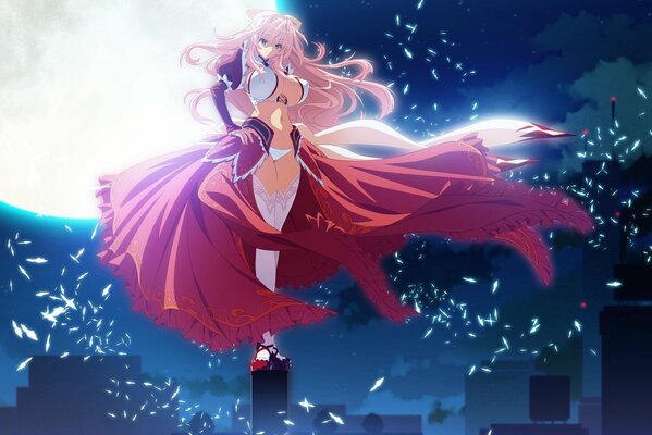 Fille de l anime sur le fond de la lune dans un manteau flottant rouge sur un corps presque nu