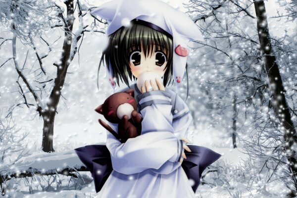 Fille avec intérêt joue avec la neige