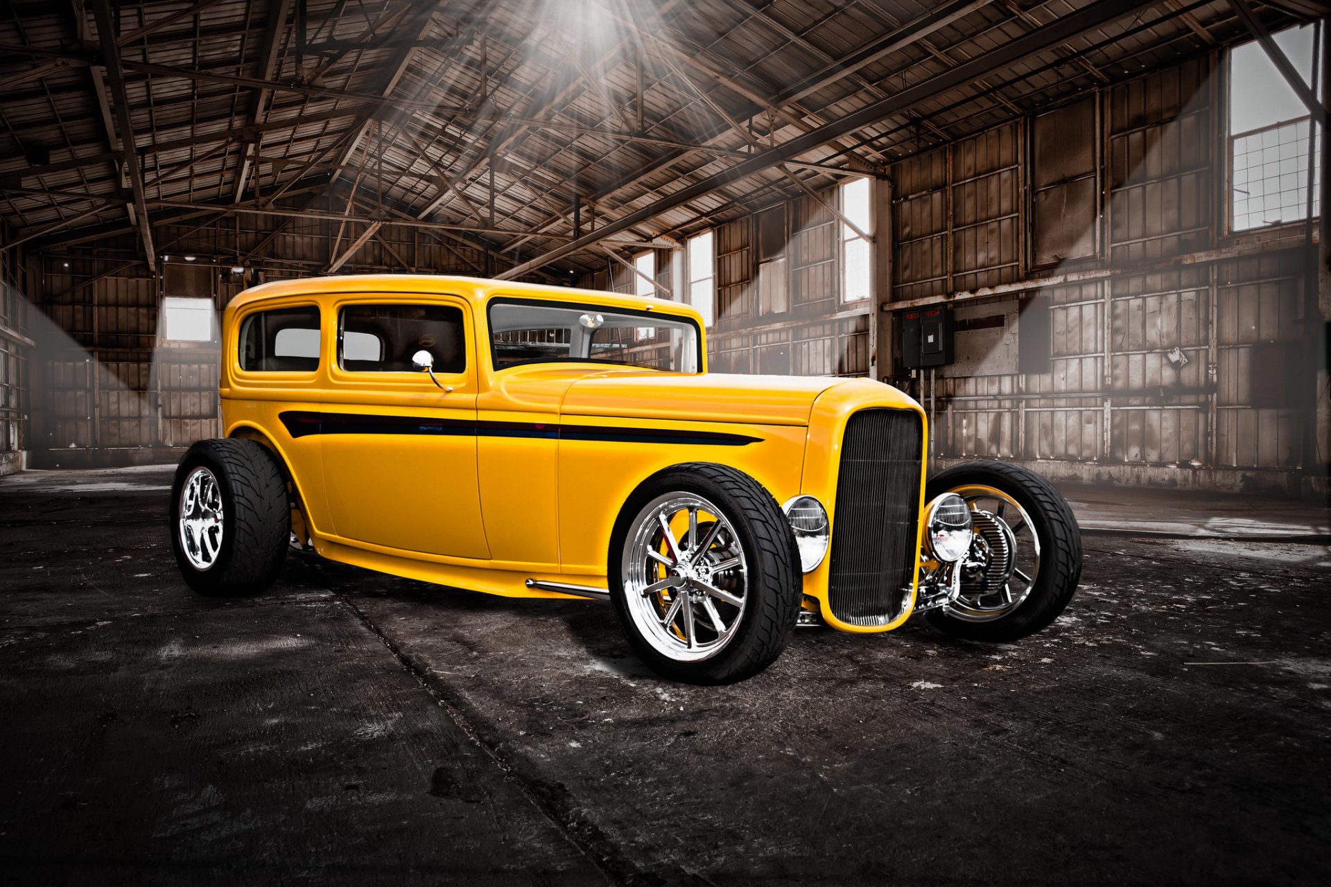 hot rod voiture classique jaune classique rétro hangar