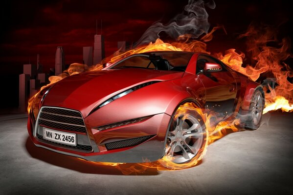 Voiture rouge en feu sur fond de route