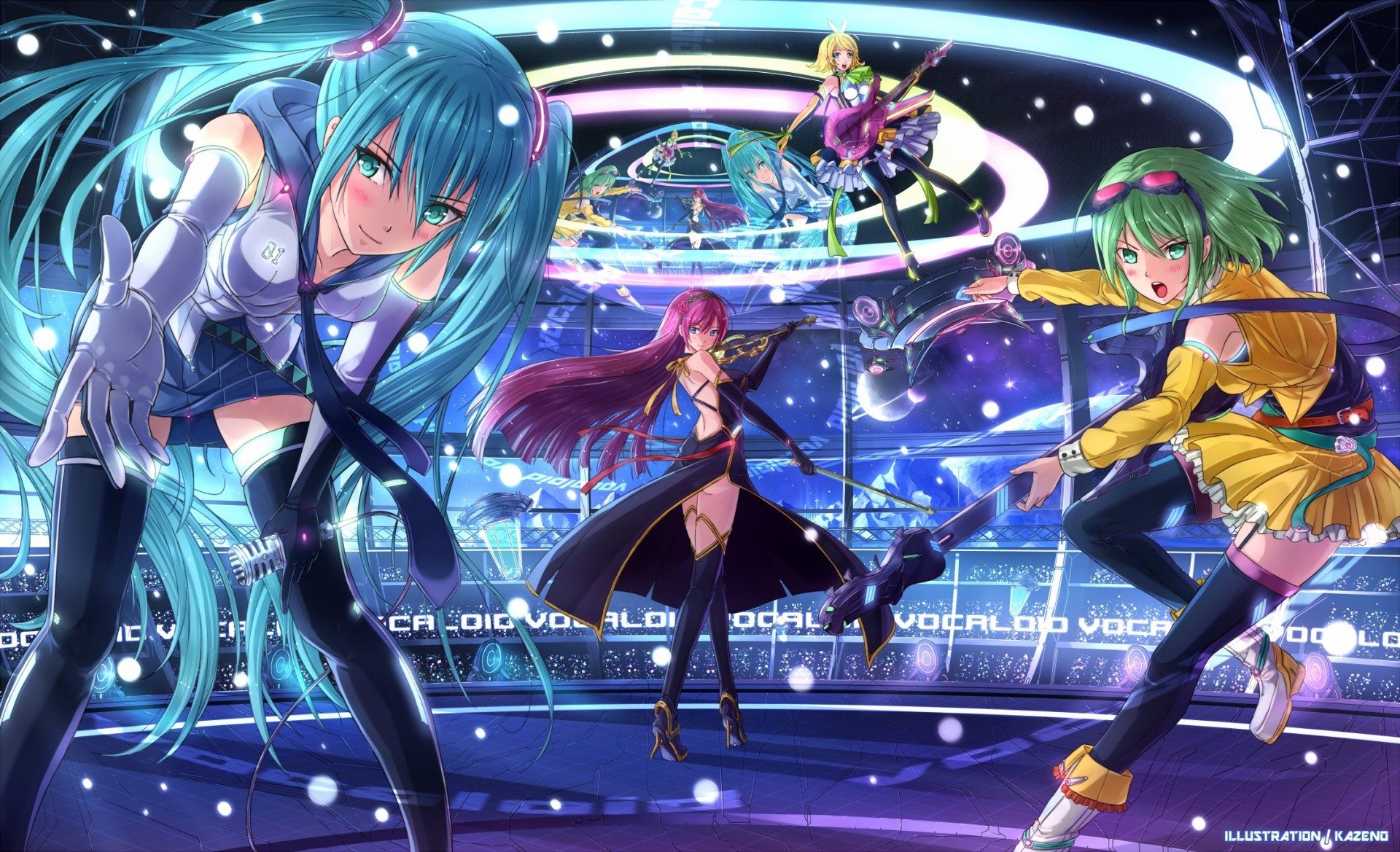 cheveux roses cheveux courts cheveux blonds rougir cheveux longs gants yeux verts kagamine rin twintails hatsune miku guitare appareil cheveux verts megurine luka thighhigh