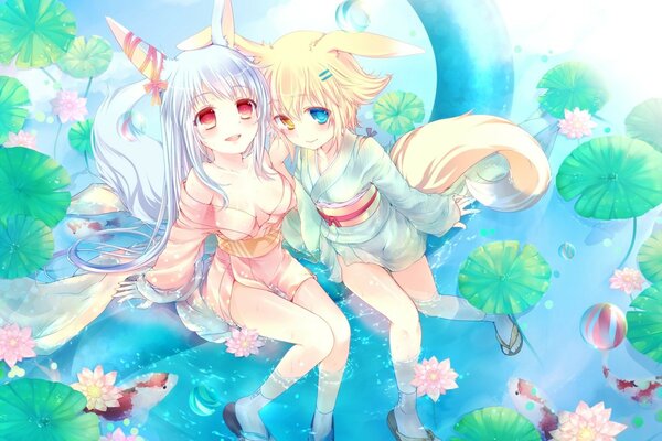 Deux filles anime sur l eau avec des fleurs