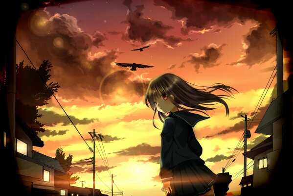 Anime girl sur fond de soleil et d oiseaux