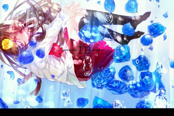 Anime. Fille aux yeux rouges vole avec des roses
