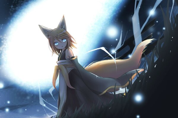 Kitsuna Kagamine Rin sur le fond d une comète qui tombe