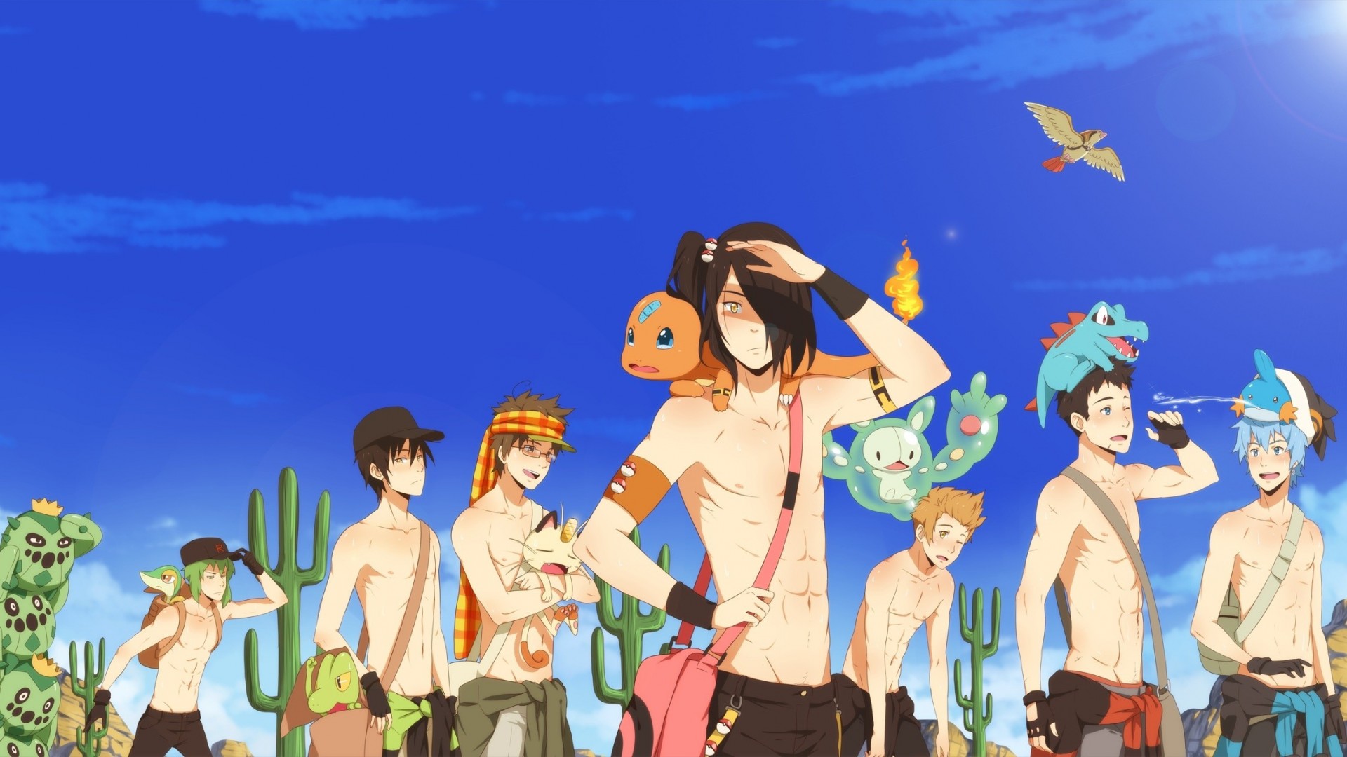 ciel yeux orange désert chapeau cheveux verts écharpe homme lunettes reuniclus cheveux bleus cheveux bruns