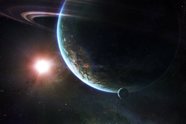 Planète Saturne avec satellite sur fond de soleil