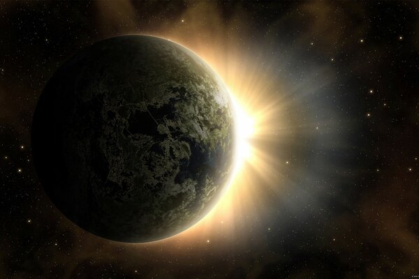 Aube, planète terre et soleil