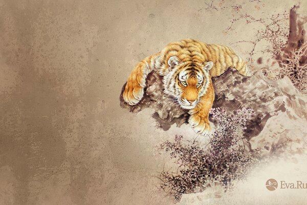 Dessin d un tigre orange couché sur un arbre