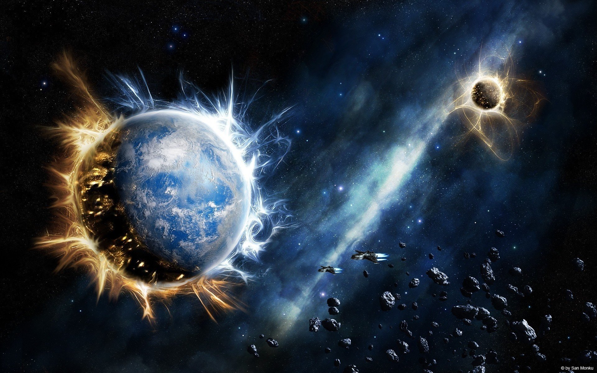 planète flammes pierres univers galaxie espace étoiles nébuleuse