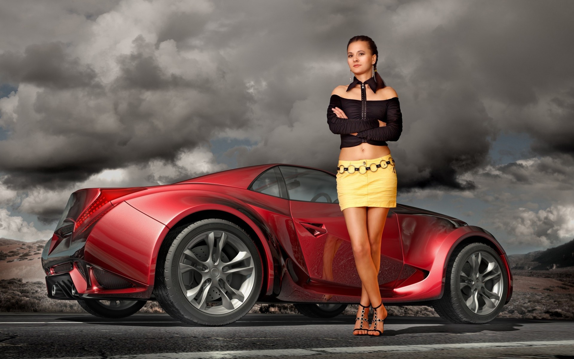femme fille route brunette voiture nuage gris