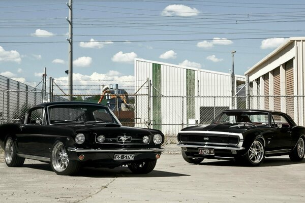 Rétro Ford Mustang et chevrolet en plein air