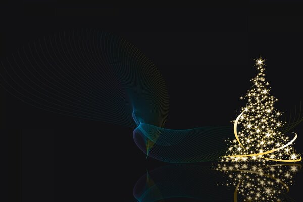 Arbre de Noël avec des lumières avec une étoile sur un fond sombre avec des reflets
