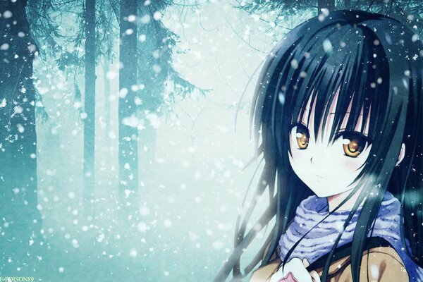 Anime mignon dans la forêt enneigée