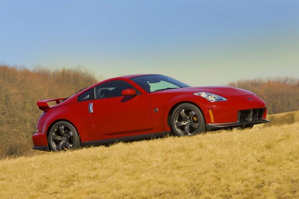 Nissan rouge sur fond d herbe jaunie