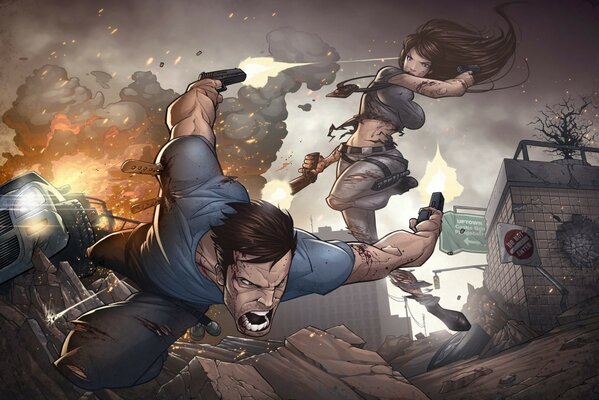 Art escarmouche dans la ville avec une explosion