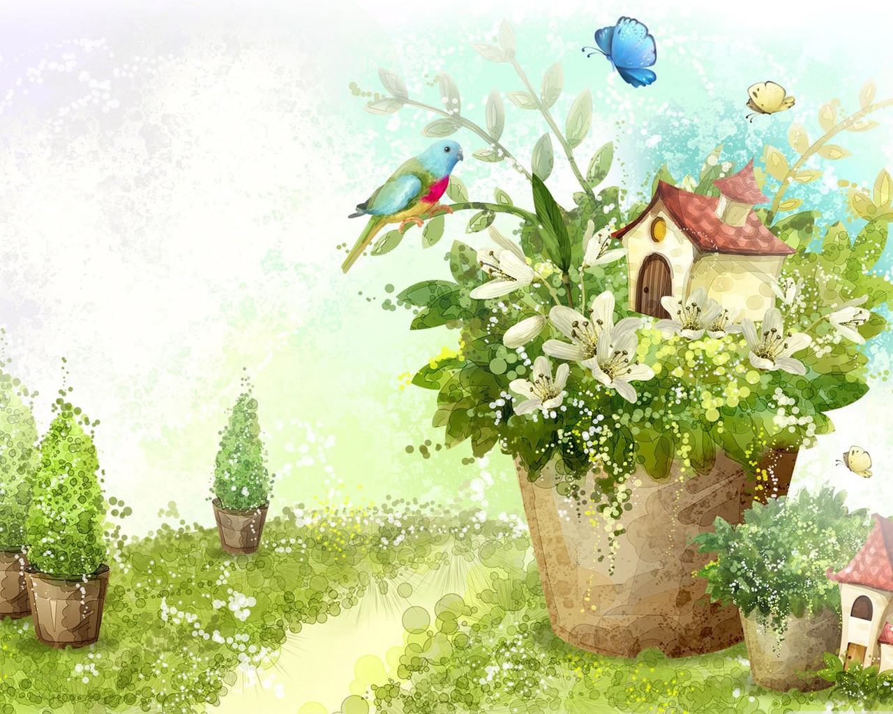 dessinés à la main papier peint nature fleurs maison oiseau
