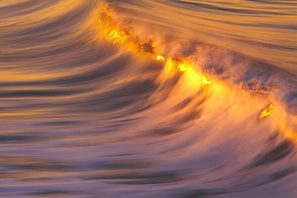 Crête de la vague dans les rayons du coucher du soleil