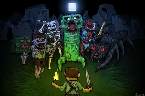Art dans le style de Minecraft avec des zombies