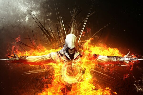 Homme en vêtements de feu et des armes à la main