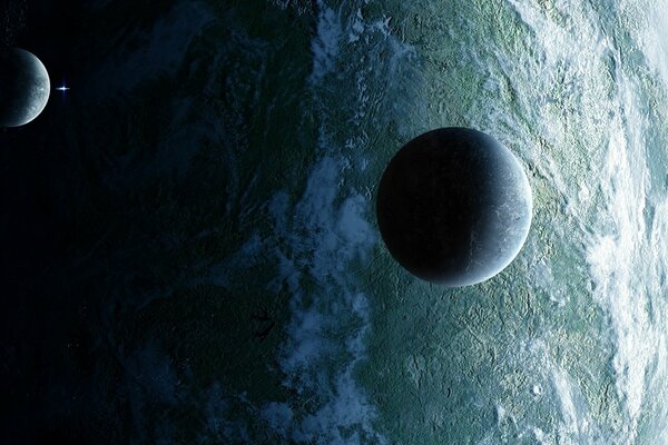 Planète et satellite. Lumière dans le vide gravité