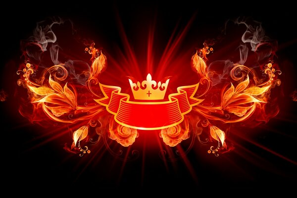 Couronne lumineuse et feuilles de feu sur fond noir