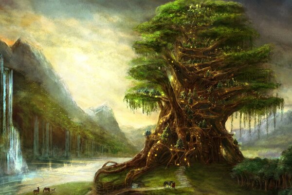 Dessin d un arbre fantastique dans les lumières près de la cascade