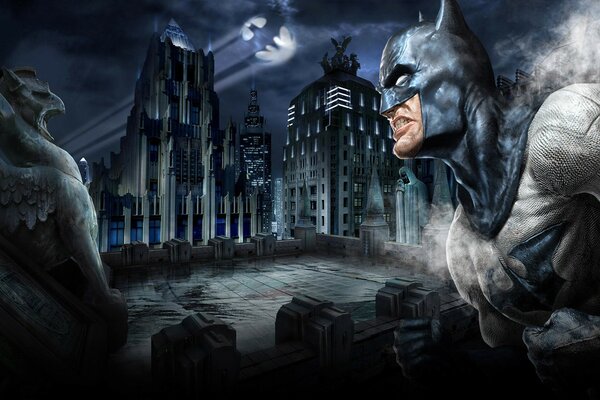 Batman sur fond de château avec gargouille