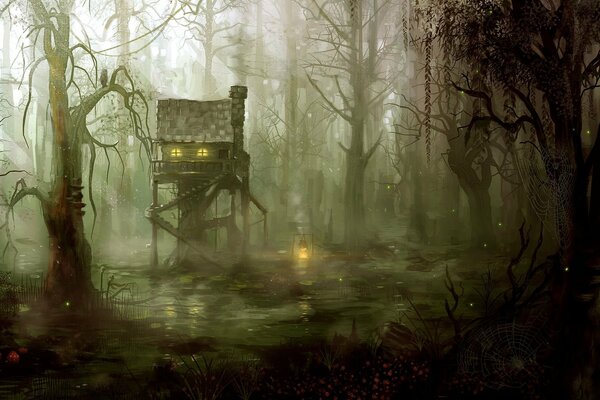 Étrange cabane dans la forêt sombre