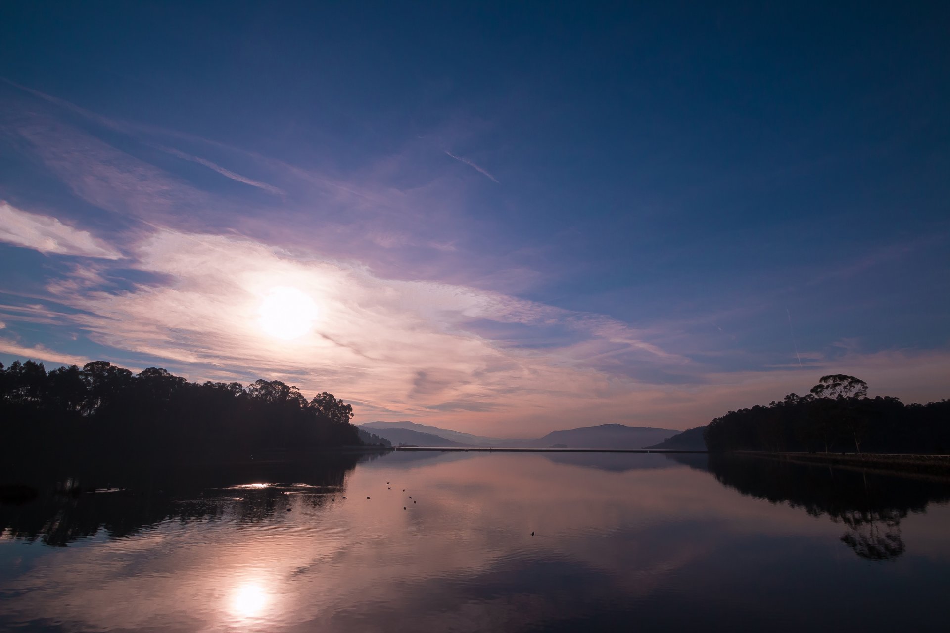 collines forêt lac matin aube