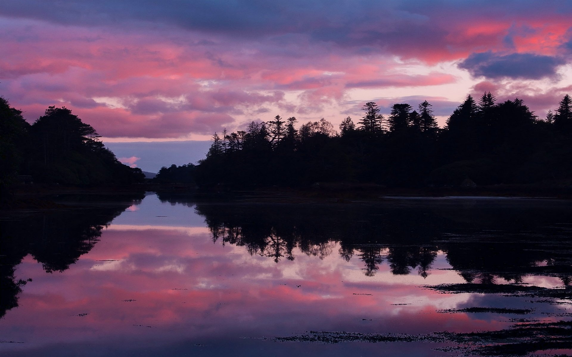 irlande lac côte forêt arbres soir coucher de soleil ciel nuages réflexion