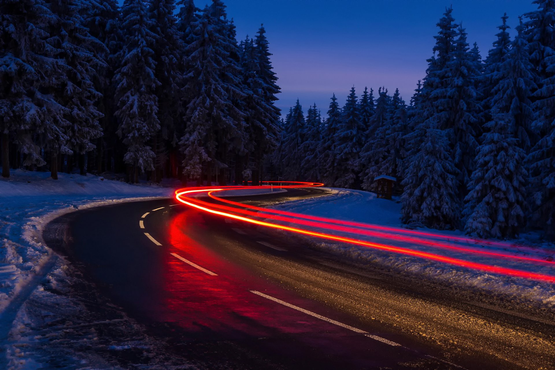 hiver route neige lumière lumières exposition forêt nuit
