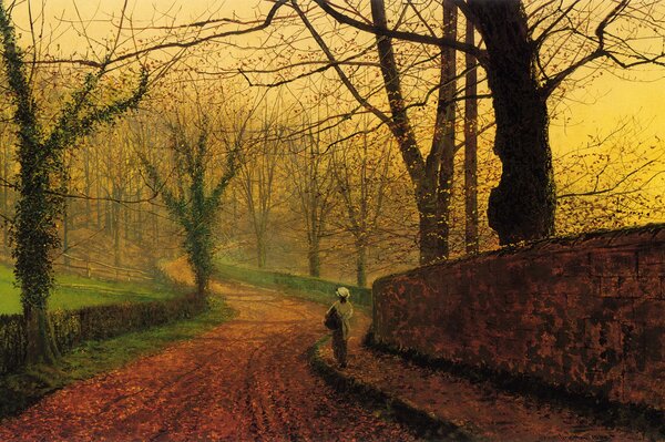 La jeune fille descend sur le feuillage d automne. Peinture