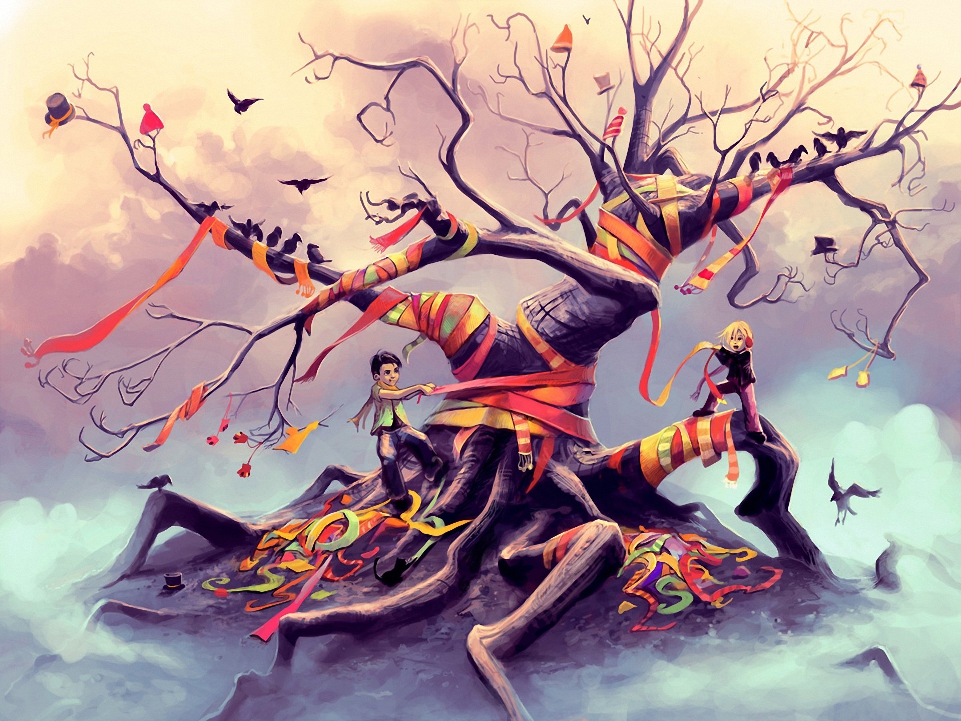 art fantaisie arbre rubans enfants chapeaux oiseaux