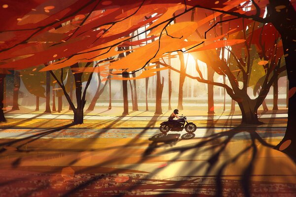 Figure motocycliste promenades à travers la forêt d automne