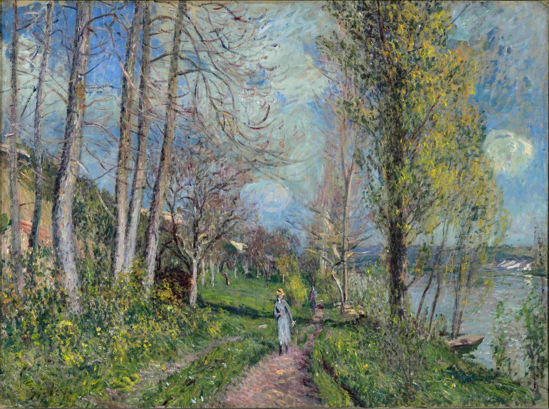 alfred sisley sentier fille promenade rivière seine arbres ciel nuages peinture