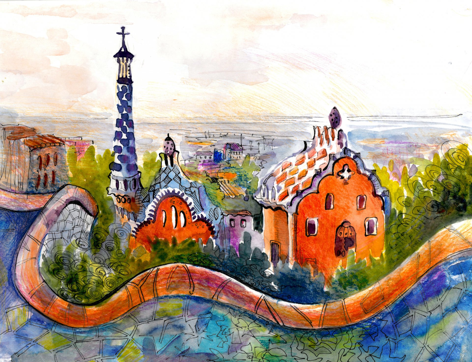 aquarelle maisons toits ville