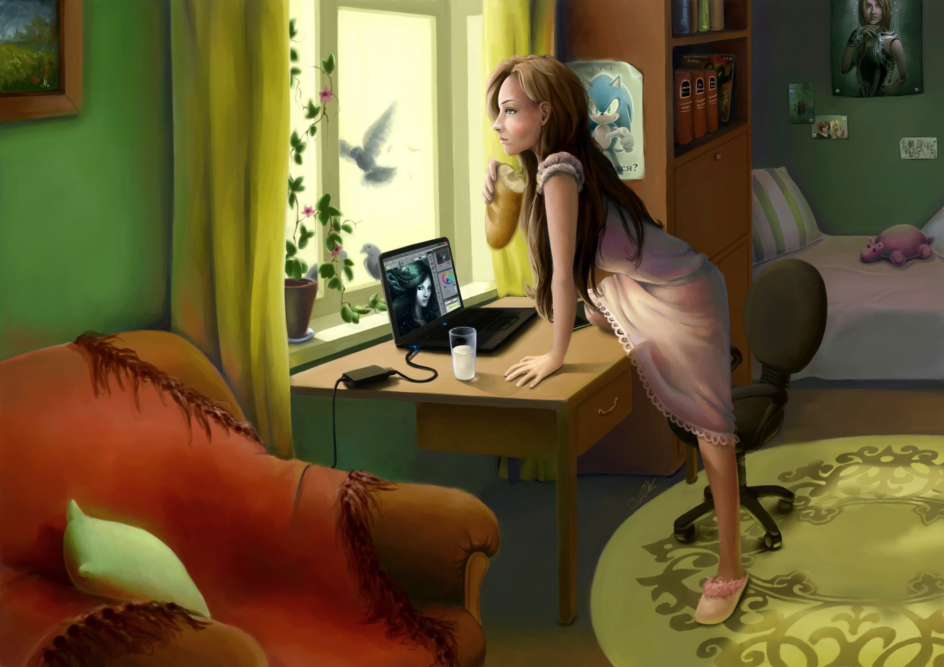 art fille chambre fenêtre oiseau baton intérieur ordinateur