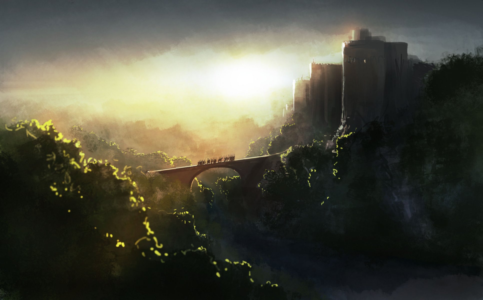 art matin château arbres cavaliers chevaux