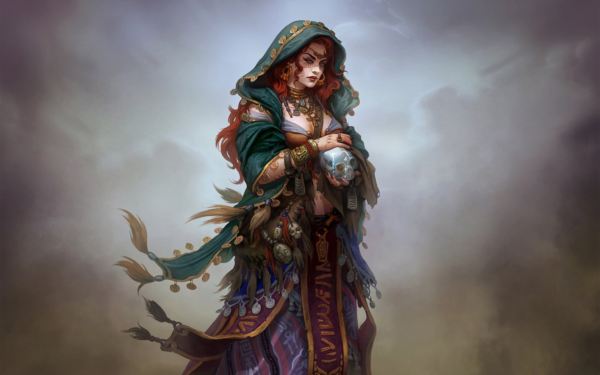 fille médium crâne ornements motifs vue brouillard