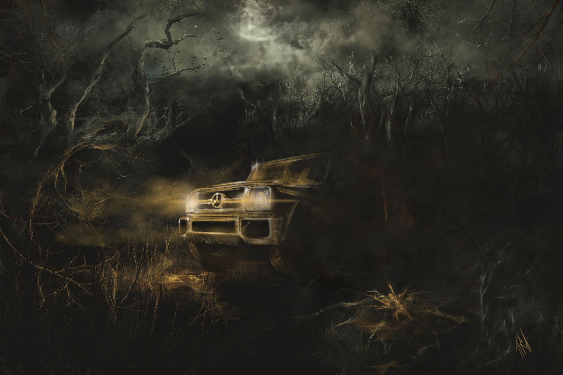 art obscurité voiture forêt nuit voyage fourré lune mercedes araignée horreur