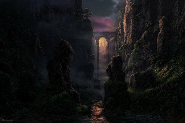 L art sombre des rochers et du pont