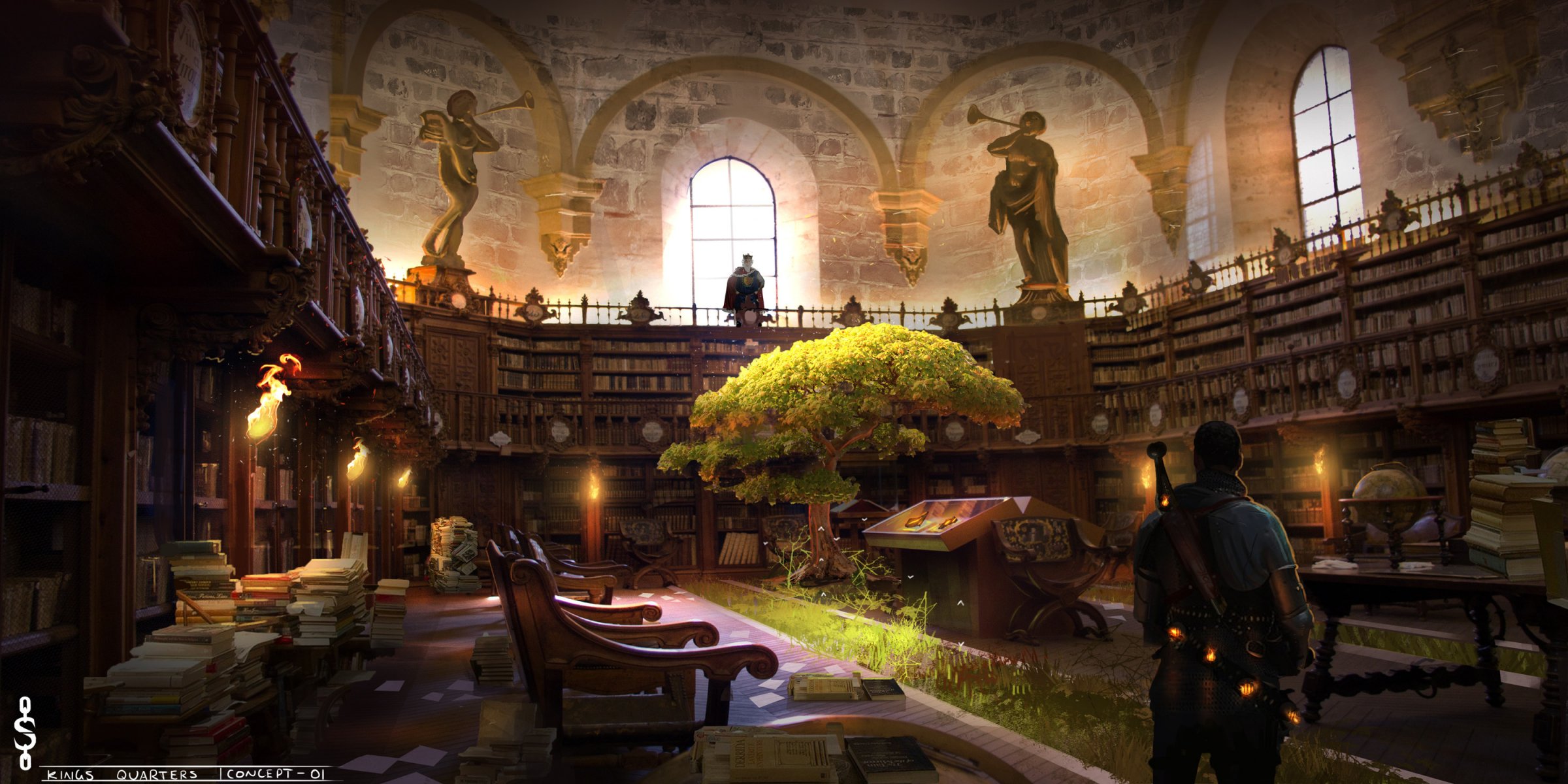 cluses kings quarters bibliothèque arbre statues livres homme