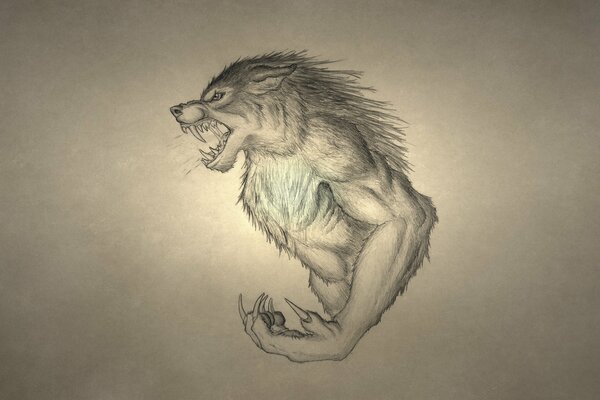 Dessin d un loup-garou grognant avec de grandes crocs et des griffes