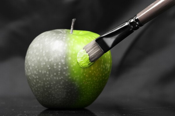 Pomme grise créative peinte avec un pinceau en vert