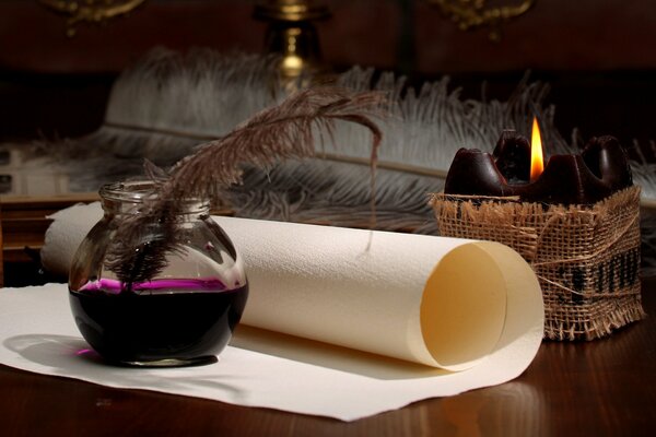 Encre, stylo et rouleau de papier